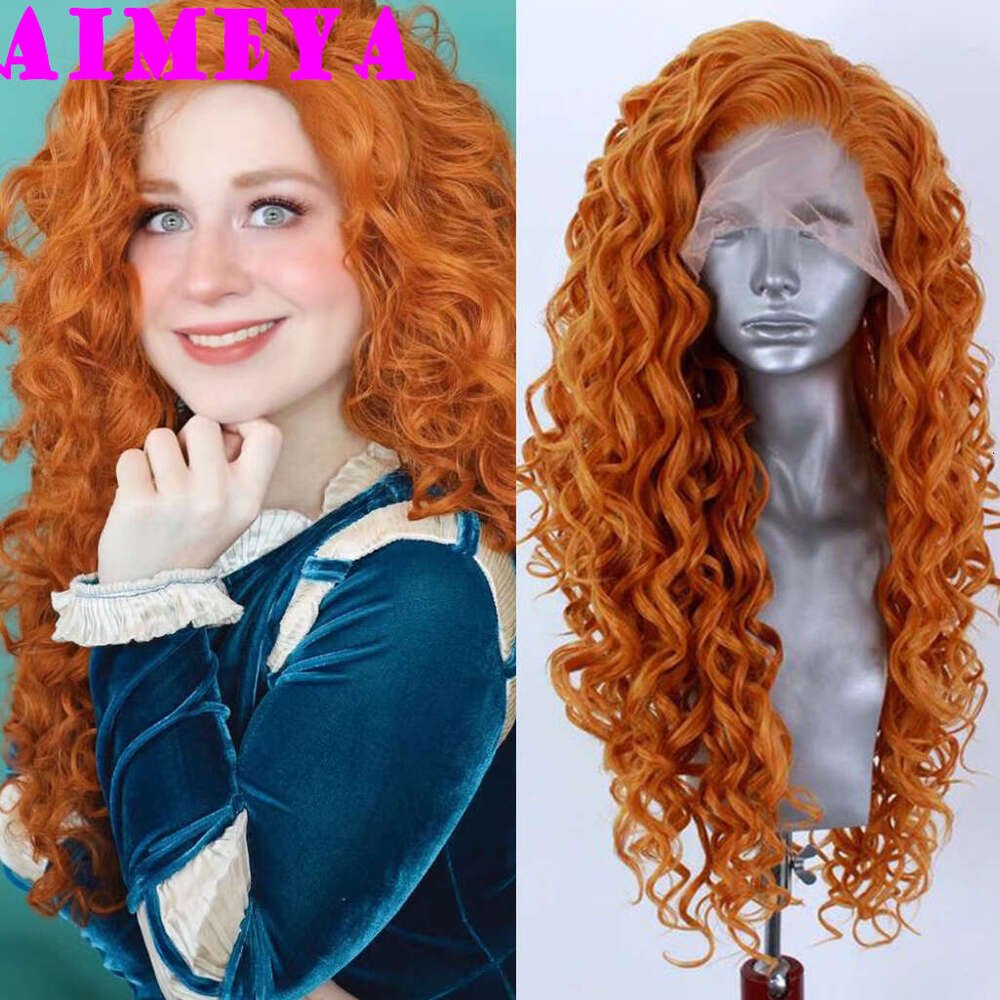 AIMEYA Orange Curly Lace Cosplay Halloween Long Role Play Wig Heat Resistant Synthetic Hair Costume