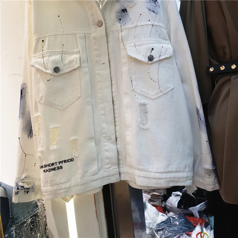 Hand drawn Graffiti Printed Womens Denim Jacket Spring and Autumn Casual Hole Jeans Jacket 240906