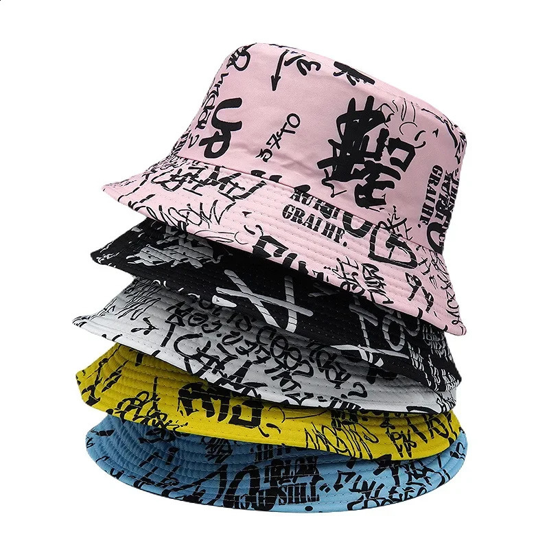 2024 SpringSummer Number Graffiti Sunproof Hat Reversible letter Print Bucket Big Brim Unisex Outdoor Fisherman Cap 240906