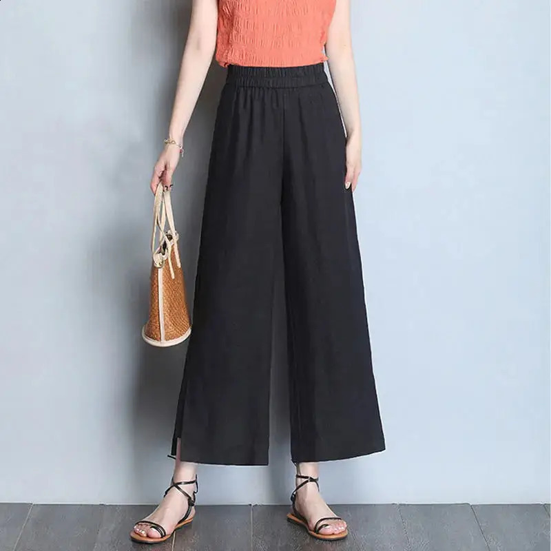 Spring and Summer Office Womens Elastic High Waist Nine Point Pants Cotton Hemp Rope Casual Thin Solid Folded Loose Leg 240913