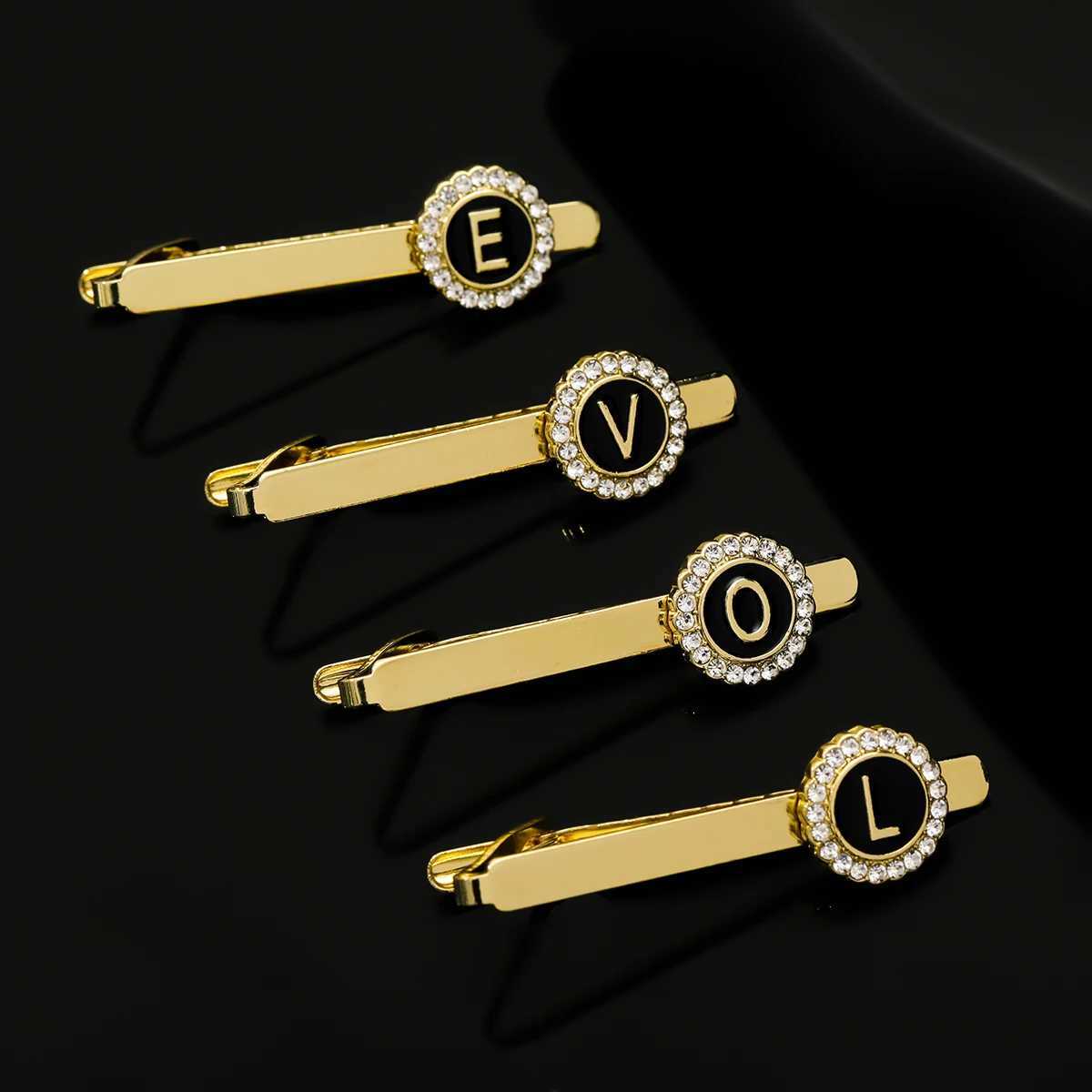 26 Letters Capital Initial A-D-G-Z Tie Clip with Crystal Pattern Surrounding Gold Suitable for Boys Business Official Jewelry Gifts W240914