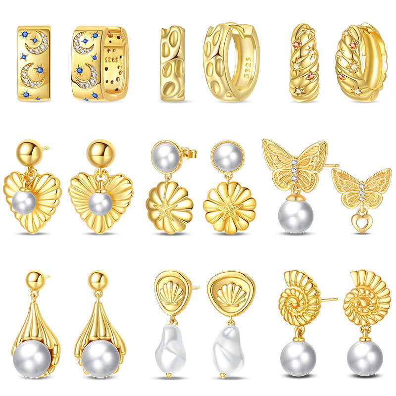 New 925 Sterling Silver Trendy Sea Shell Gold Color Drop Earrings For Women Glossy Pearl Earring Wedding Jewelry