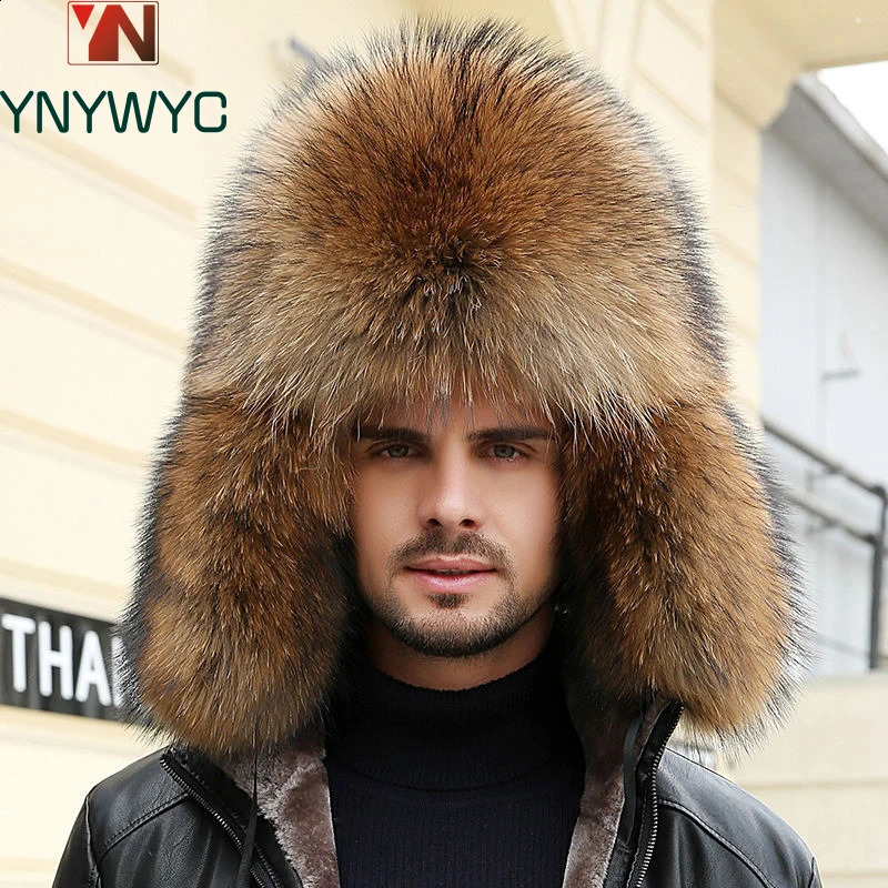 Real Fur 100% Fox Skin Russian Businessmen Pilot Bombers Full Mao Mens hat Ushanka Winter Ear Guard Hat Raccoon Fur Beanie hat 240910