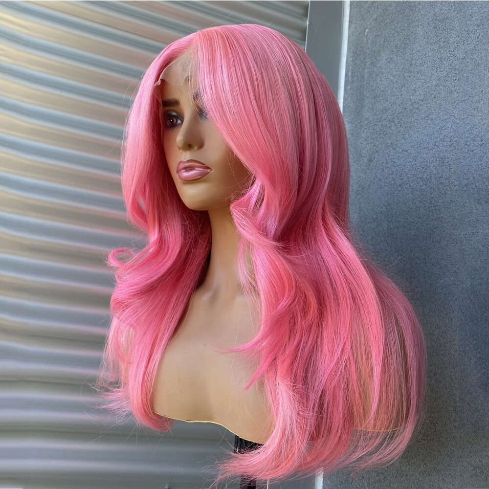 Customized Synthetic Front Human Hair Blend Peach Pink Wavy Wig For Women Heat Friendly Fiber HD Lace Wedding/Party Use