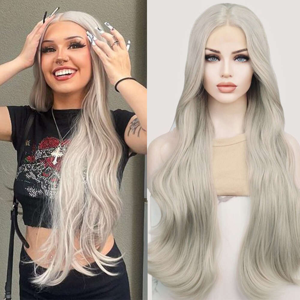 Y Gray Blonde Lace Front Wig Premium Heat Resistant Synthetic Long Wavy Blended Human Hair Cosplay Daily Women Wigs