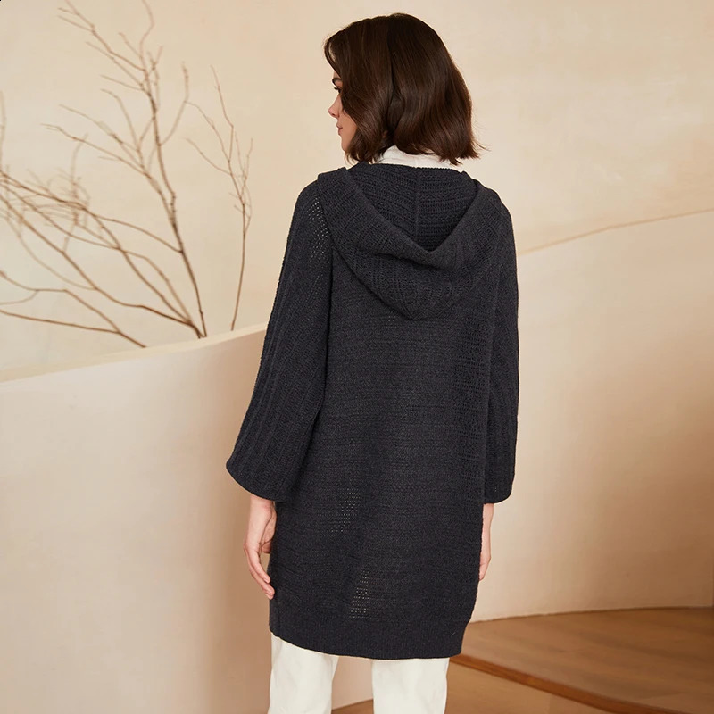 BC309 Thick 100% Pure Wool Button Hooded Knit MidLength Sweater Coat For Women Hoodie Cardigan Clothes 240904