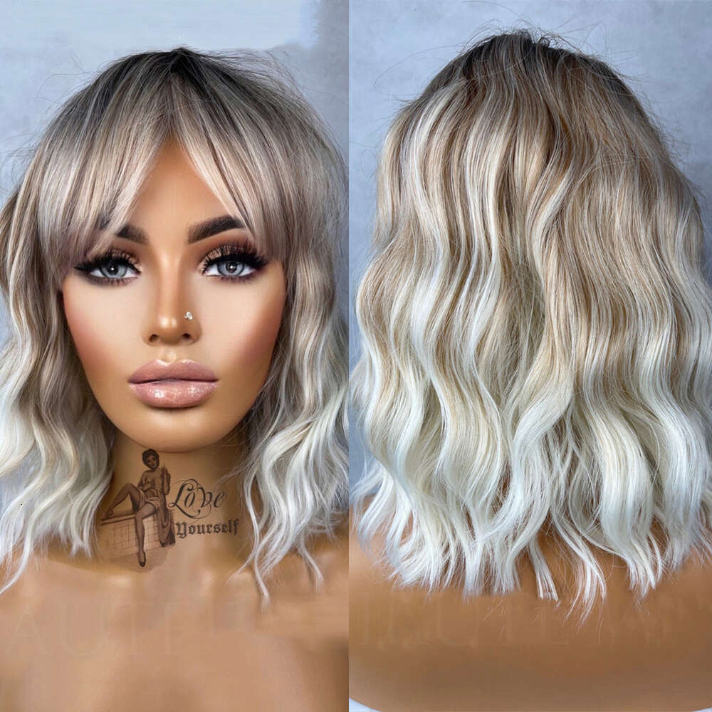 Ash Blonde Brown Balayage Highlights Strea 14 Inch Bob Wavy Lace Front Fringe Bangs Womens Wig Eye Catching Short