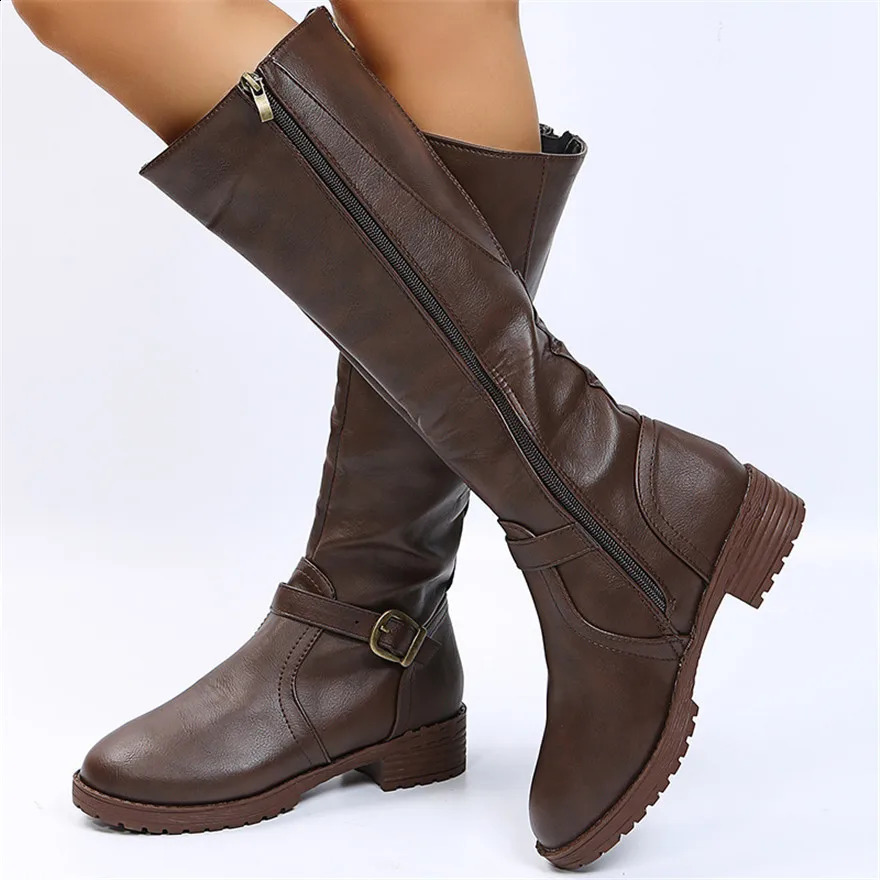 soft leather womens riding fashionable double zipper short and chubby high heels brown round toe casual buckle boots for women 241030