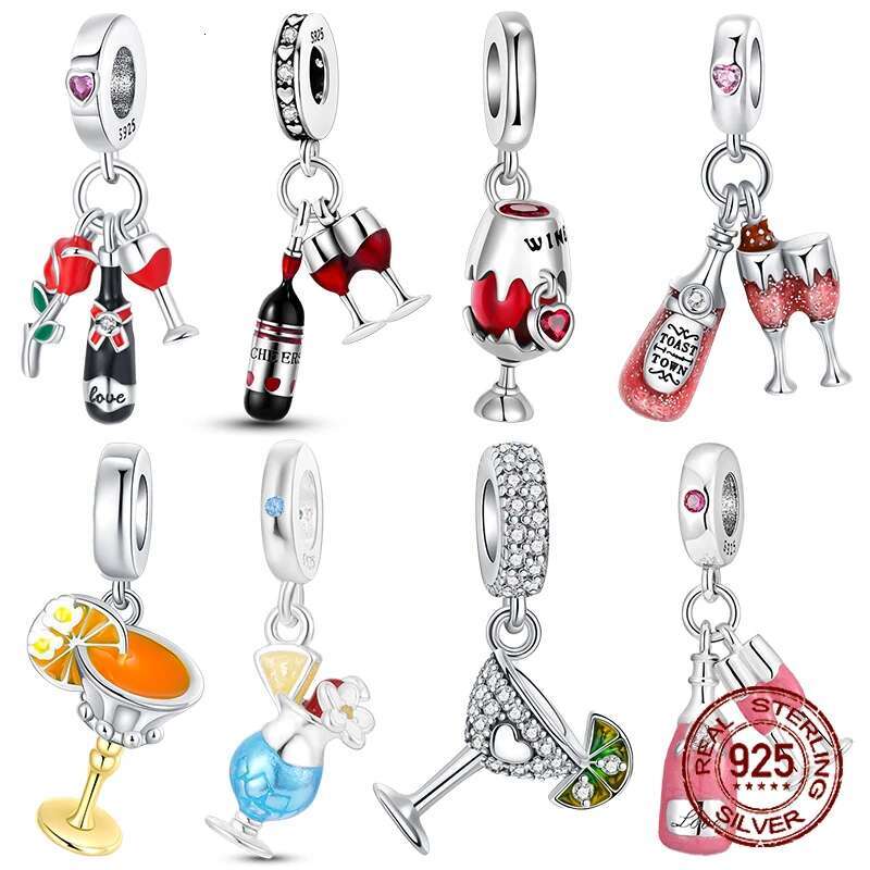 925 Sterling Silver Red wine bottle Donuts Beverage cup pendant Charms Beads Fit Original Bracelets Fine DIY Jewelry