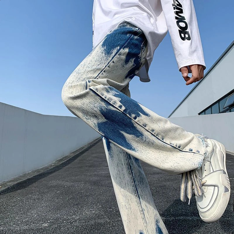 Black Trousers Straight Hip Hop Rock Jeans For Men Punk Youthful Emo Tie Dye Aesthetic Man Cowboy Pants Fashion Korean 240912