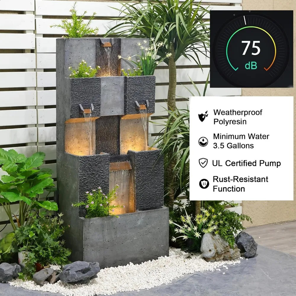 45.3-inch Garden Fountain Outdoor Home Art Decoration 3-story Modern Stacked Outdoor Waterfall Fountain with Lights 240910