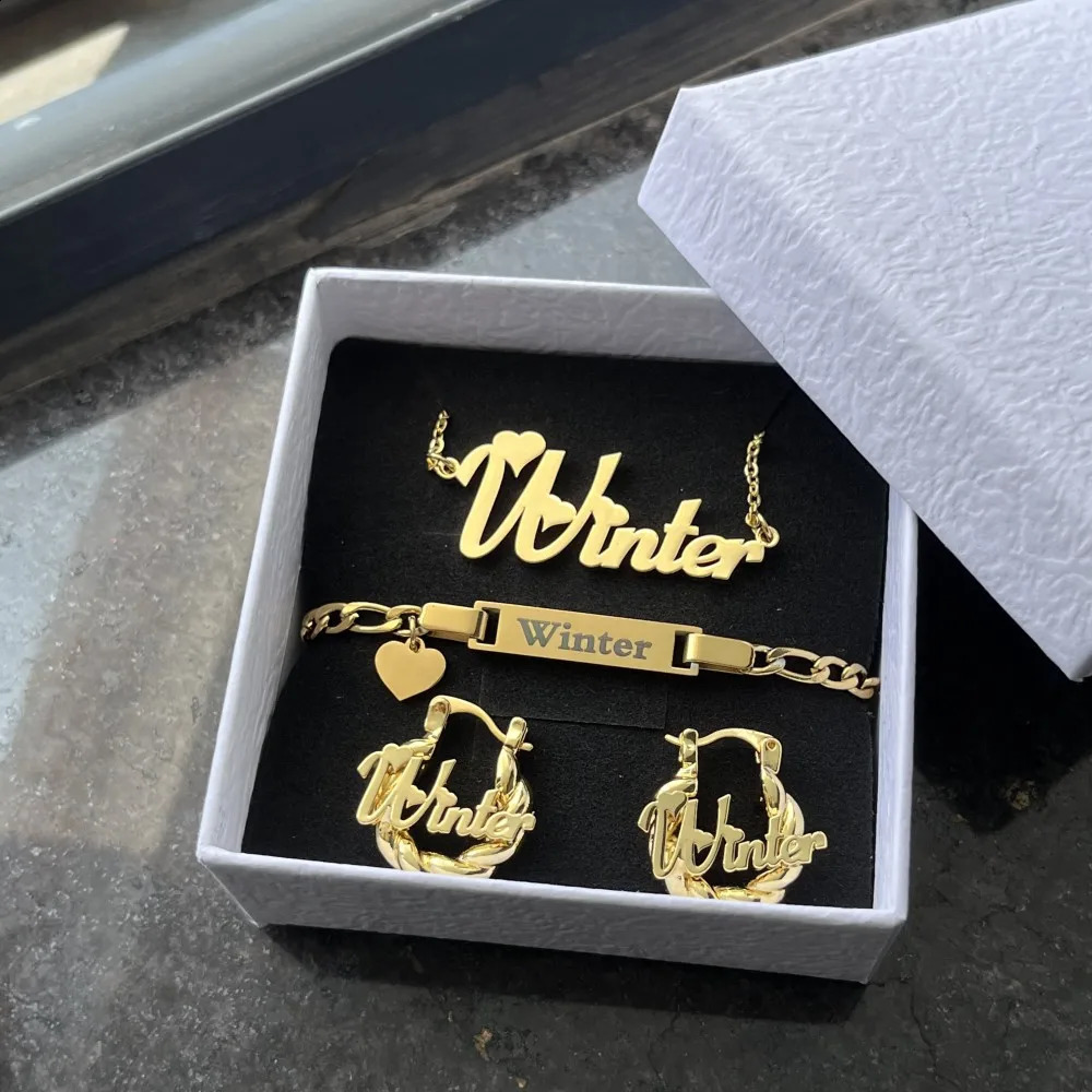 DUOYING Custom Name Heart Jewelry Set Personalized Engraved Letter Bracelet Stainless Steel Necklace Mini Hoop Earrings For Kids 240906
