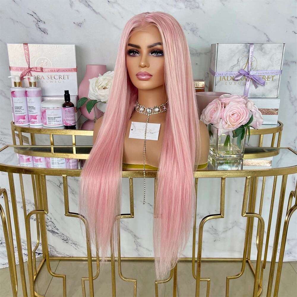Light Long Synthetic Lace Front Wigs Heat Resistant Silky Straight Pink Hair Cosplay Wig