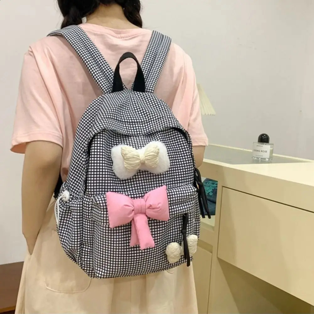 Large Capacity Cute Bow Backpack Solid Color Korean Nylon Student Backpack Grid Lightweight 240912