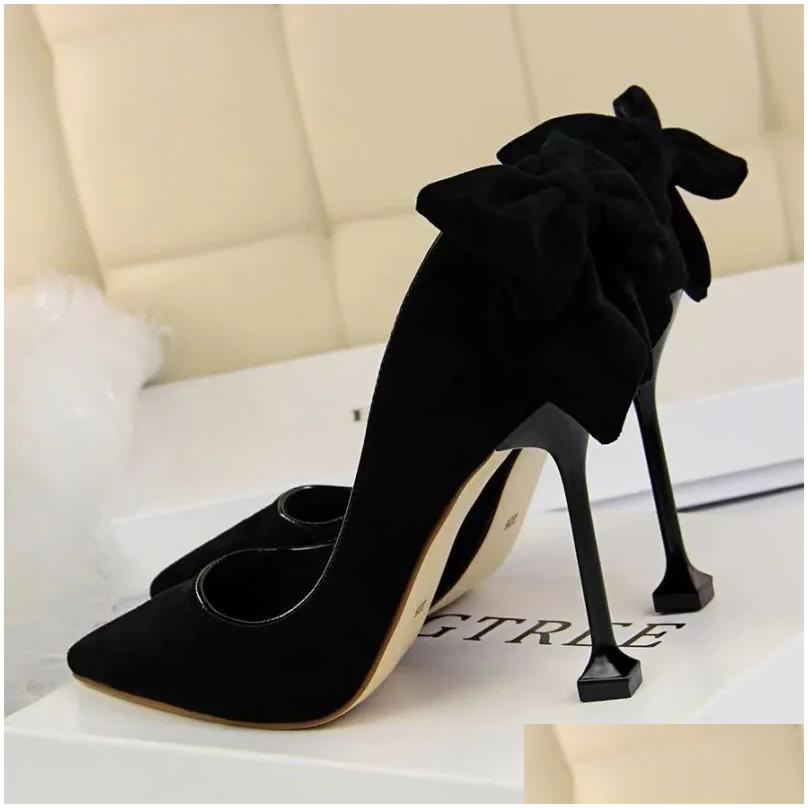 Dress French Single Female 7Cm Small Heel Temperament Bridesmaid 9Cm New Fine Bow Suede Medium Pointed Black High Drop Delivery Accessori Dh6