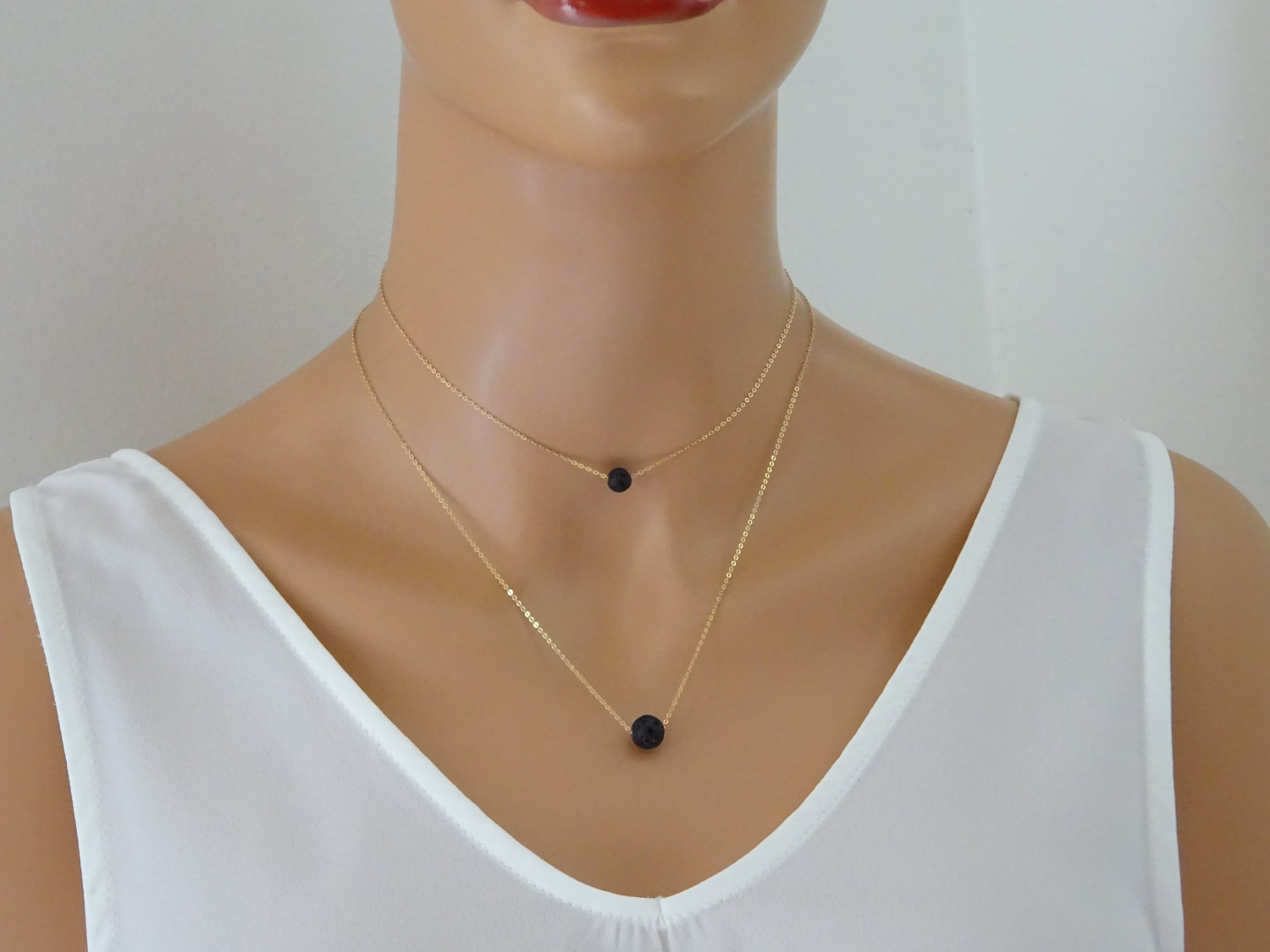 Natural Lava Volcanic Ball Necklace for Women Round Stone Double Layer Oil Diffuser Choker Necklaces Love Wish Jewelry Wholesale Factory Price Gold Si