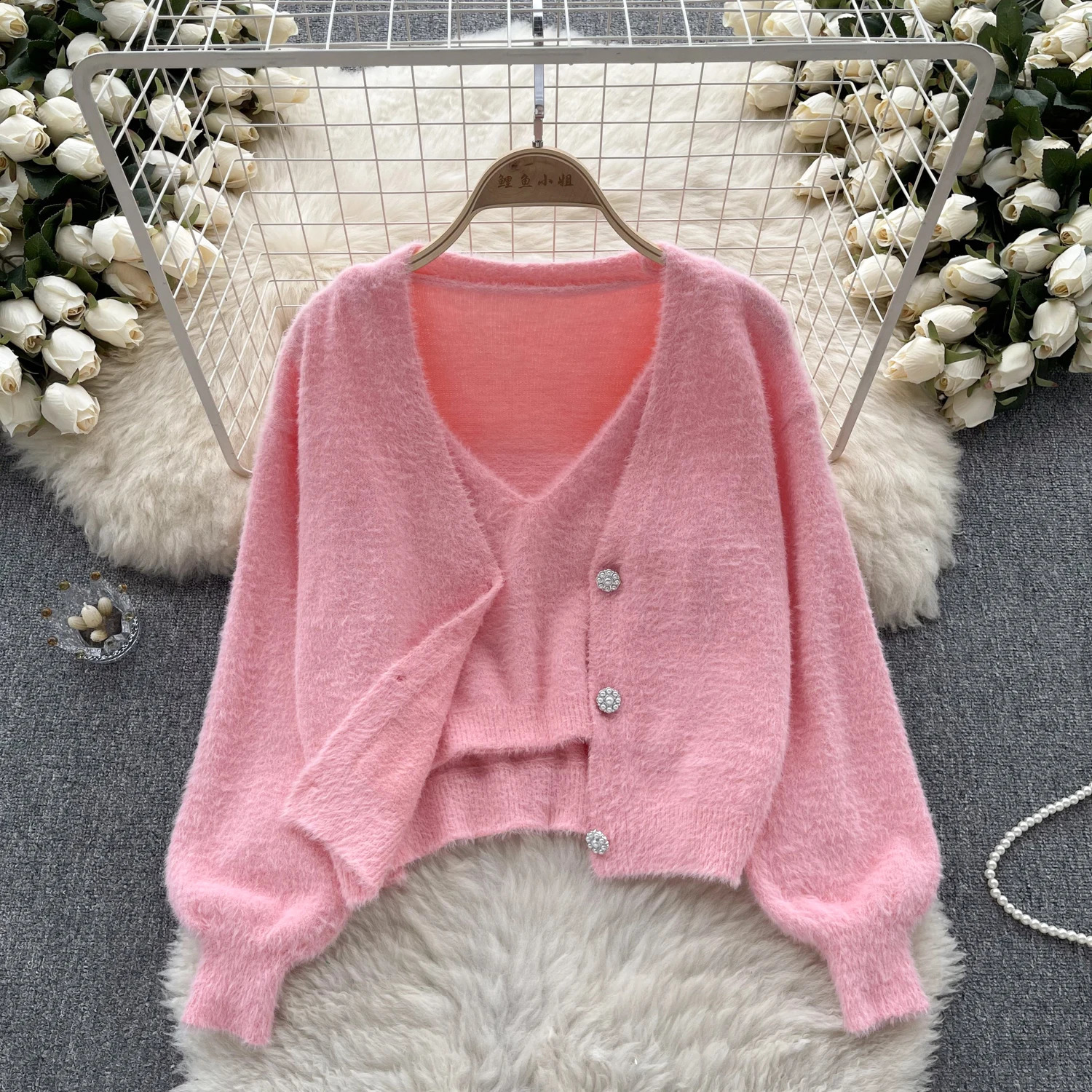 Sexy Chic Two Pieces Sets Off Shoulder Straps Short Camis Vest with High Street Button Plush Coat Autumn Winter Women Clothing 240905