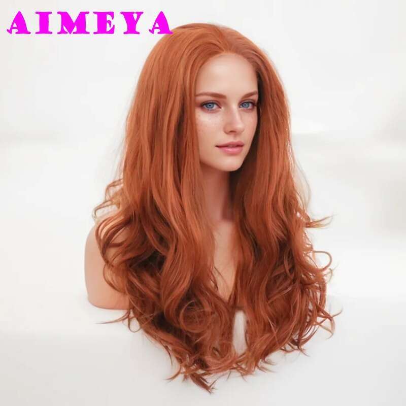 AIMEYA Synthetic Long Body Wave Wigs For Women Copper Red Lace Front Wig Daily Use Cosplay Party Heat Resistant Hair