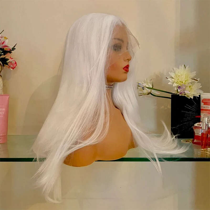 White Natural Straight Synthetic Wigs Icy Blonde Lace Front Wig 10% Human Hair 13X4 Heat Resistant Fiber Cosplay