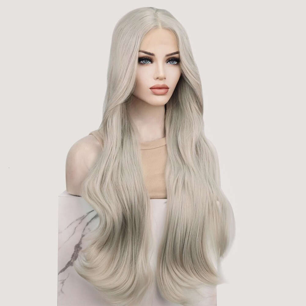 Y Gray Blonde Lace Front Wig Premium Heat Resistant Synthetic Long Wavy Blended Human Hair Cosplay Daily Women Wigs