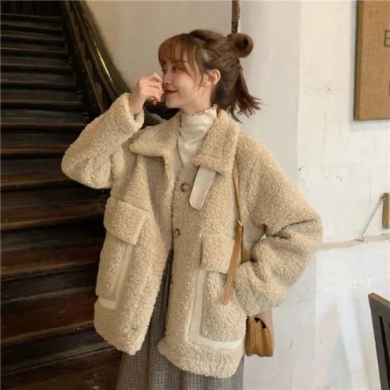 Thick Lamb Wool Teddy Coat Women Korean Style Warm Fluffy Jacket Autumn Winter Furry Cashmere Coat Big Pocket Faux Fur Overcoat 240911