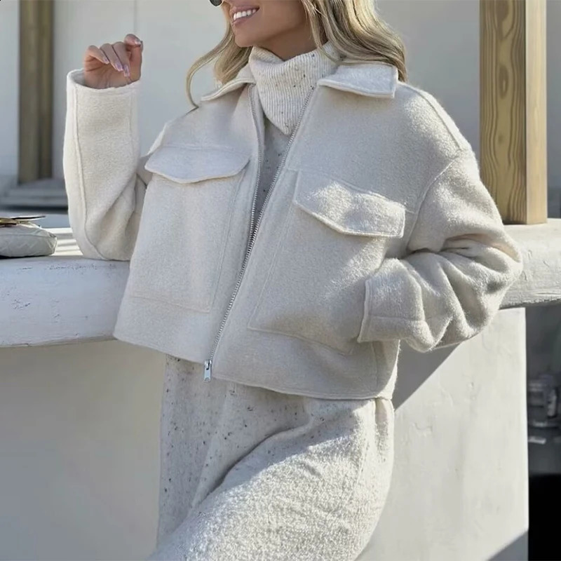 Spring Autumn European American Women Clothing Collar Large Pocket Zipper Short Long Sleeve Woolen Coat 240905