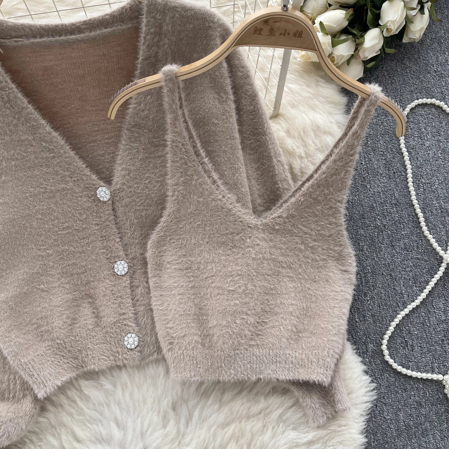 Sexy Chic Two Pieces Sets Off Shoulder Straps Short Camis Vest with High Street Button Plush Coat Autumn Winter Women Clothing 240905