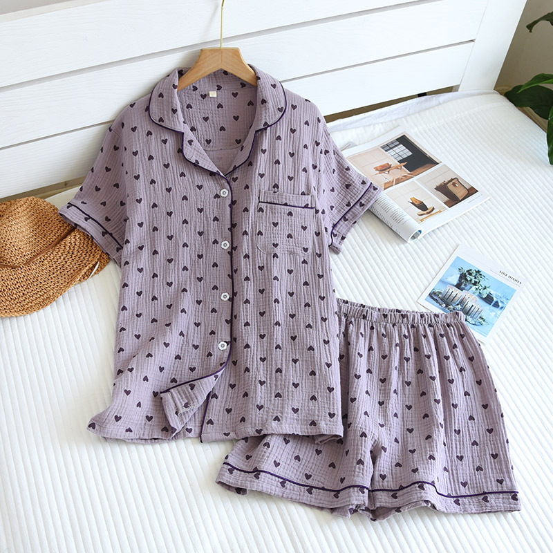 Summer 2-Piece Set 100% Cotton Gauze Short-Sleeved Heart Print Homewear Ladies Pamas Women Sleepwear
