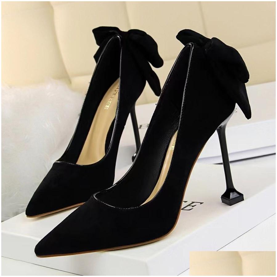 Dress French Single Female 7Cm Small Heel Temperament Bridesmaid 9Cm New Fine Bow Suede Medium Pointed Black High Drop Delivery Accessori Dh6