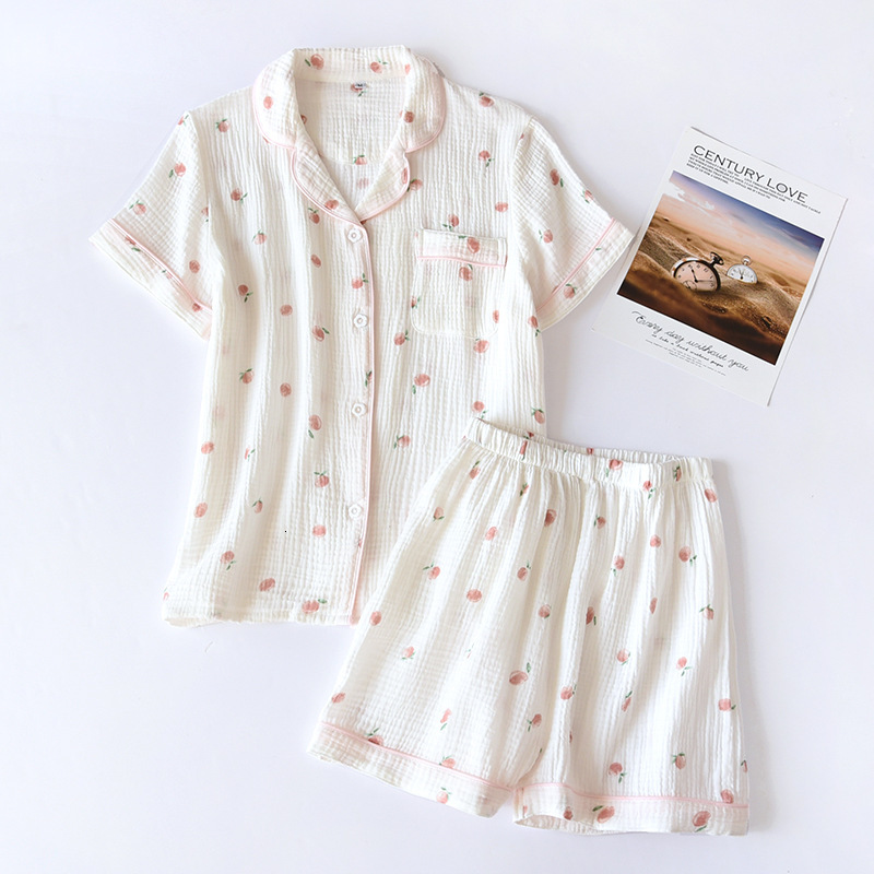 100% Cotton Gauze Summer 2-Piece Set Short-Sleeved Peach Print Homewear Ladies Pamas Women Sleepwear