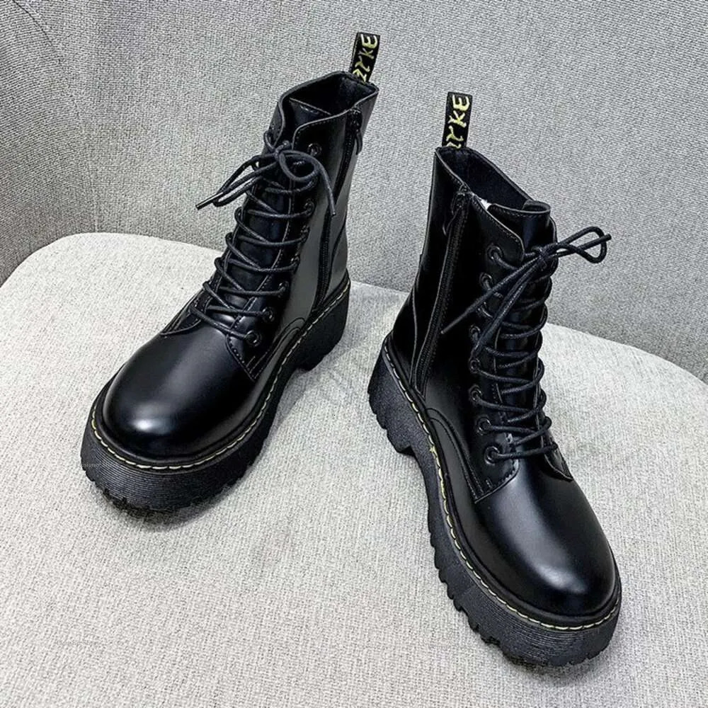 Soled 8-Hole Thick Martin For Women With British Style Side Zipper, Sponge Sole Trend, High Top Lace Up Short Boots