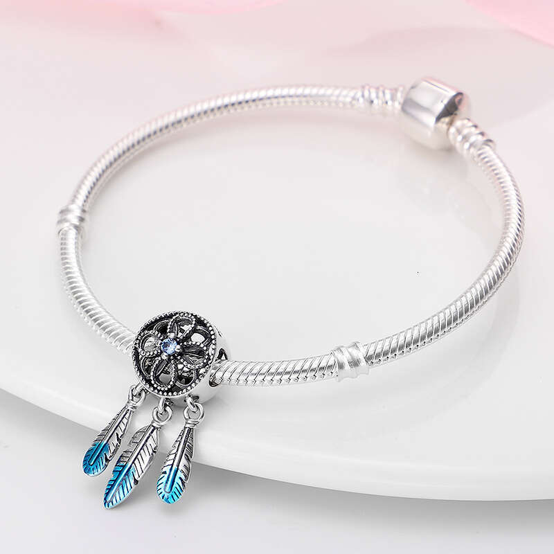 925 Sterling Silver Feather Colorful Dreamcatcher Charms Pendants Fit Original Bracelets DIY Jewelry