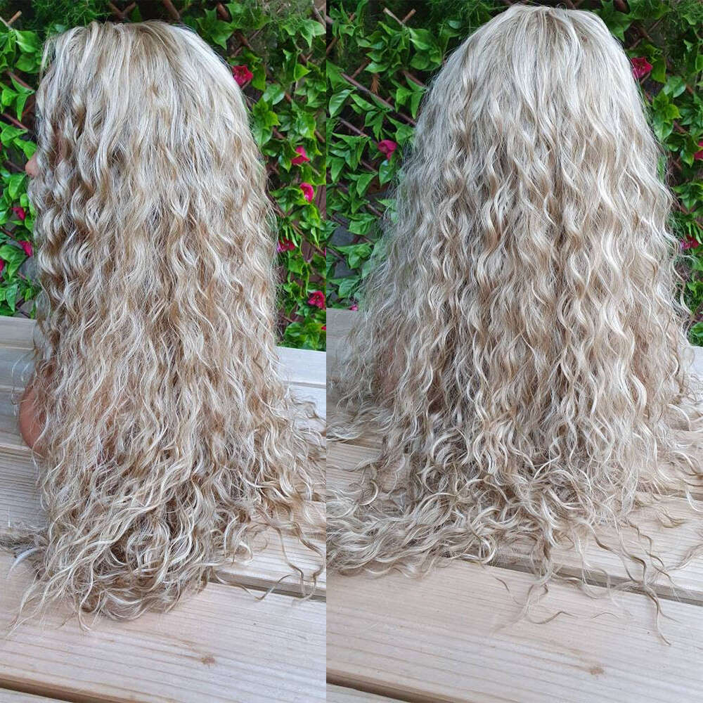 Heat-Resistant Fiber Ashy Blonde Mixed Lace Front Synthetic Long Curly Wig Women Human Hair Wigs Daily Party Wearing Curls