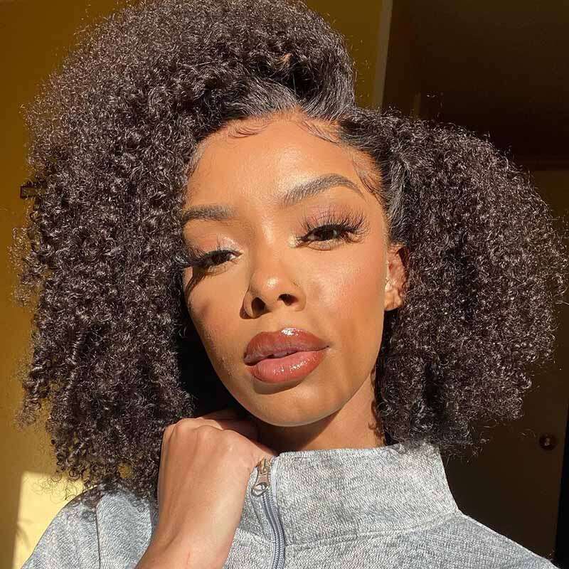 Short Afro Kinky Curly Synthetic Bob Wig Lace Front Wigs 10% Mixed Human Hair For Women Daily Wear Side Parting
