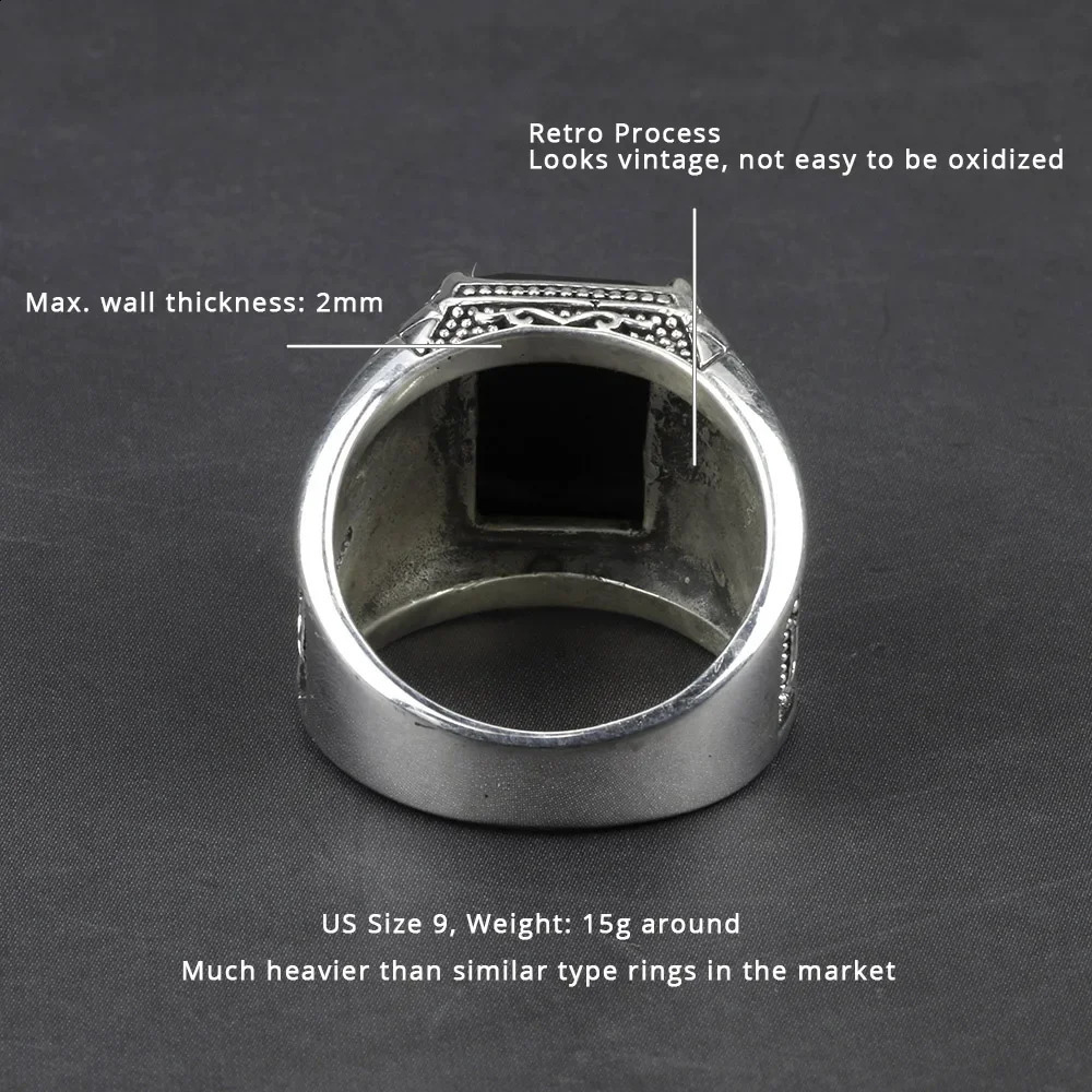 A genuine 925 sterling silver mens signature ring made of black agate natural stone vintage flowers carved punk rock and jewelry 240912