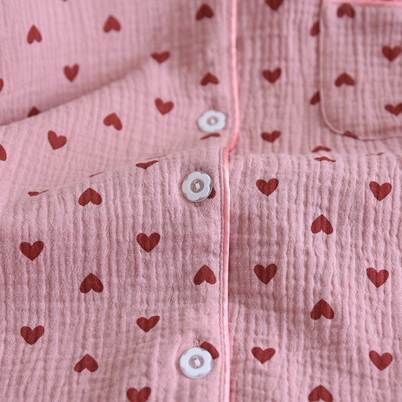 Summer 2-Piece Set 100% Cotton Gauze Short-Sleeved Heart Print Homewear Ladies Pamas Women Sleepwear