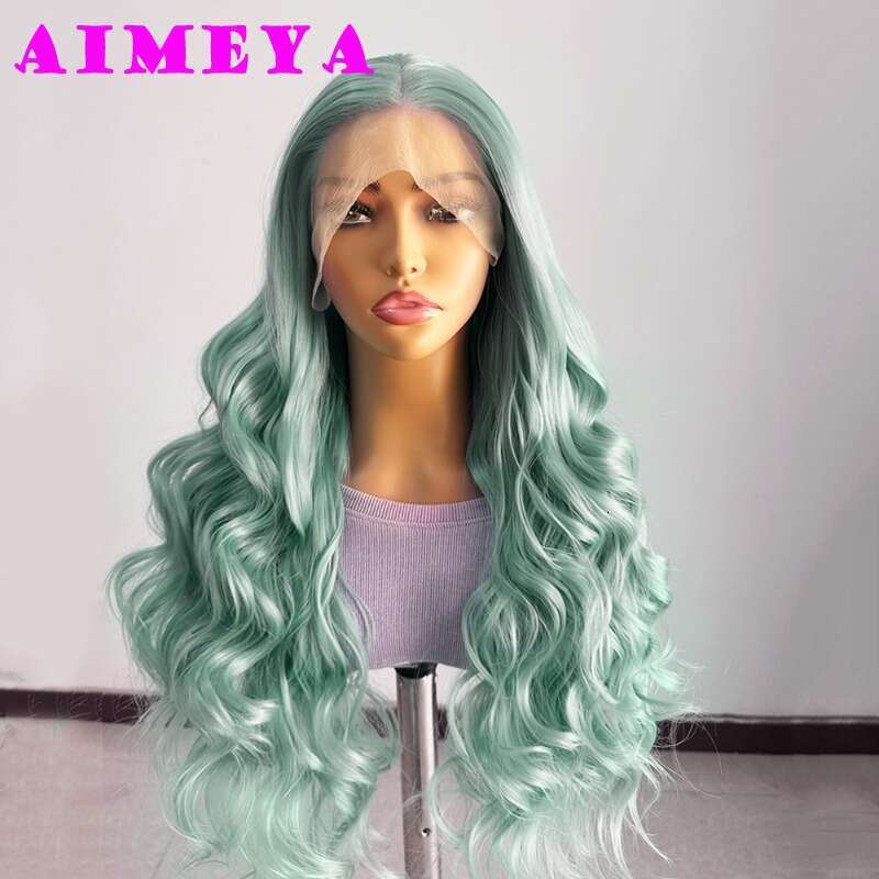 AIMEYA Mint Green Long Body Wave Front For Women Heat Resistant Synthetic Hair Lace Daily Use Cosplay Wig