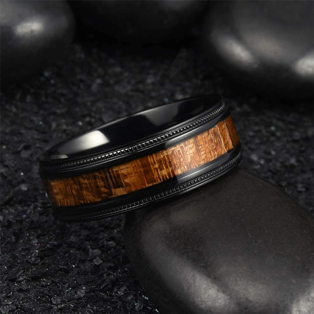Fashion 8mm Black Tungsten Wedding Ring For Men Women Koa Wood Inlay Steel Engagement Rings Punk Mens Anniversary Jewelry Gifts 240906