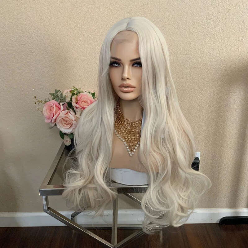 26'' White Platinum Blonde Lace Front Loose Wave Synthetic Heat Resistant Fiber Cosplay Wig Human Hair Mixed