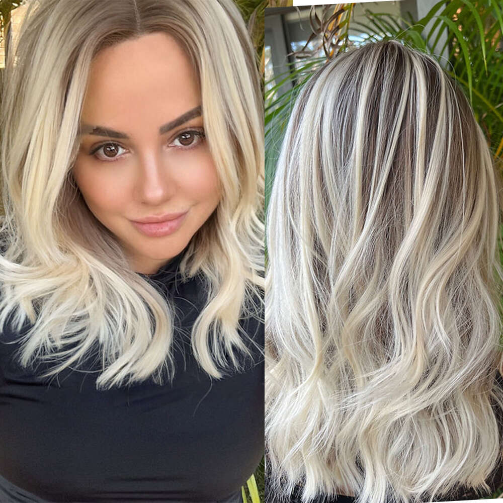 Blonde Balayage Synthetic Wigs 14" Wavy Humam Hair Blend Light Brown Root Beautiful Heat Friendly Fibres Lace Front Wigs