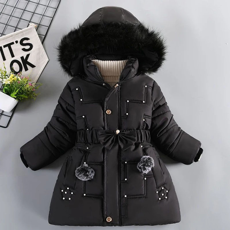 Thick warm winter girls jacket detachable hat plush collar apron childrens birthday gift 240903bj