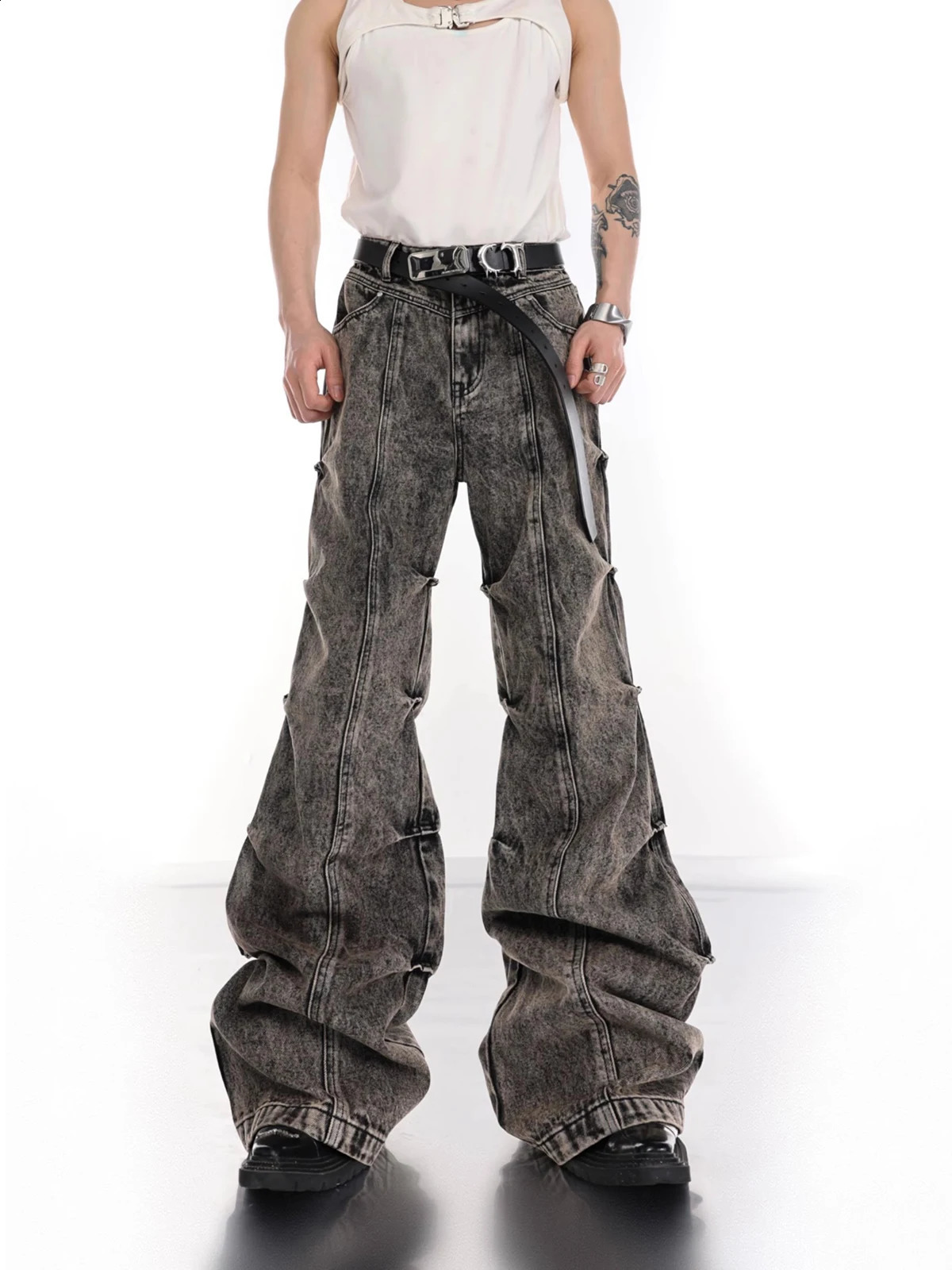 REDDACHIC Retro Gray Stacked Flare Jeans for Men Y2k Distressed Bootcut Pants Wide Leg Low Waist Bell Bottoms Emo Streetwear 240912