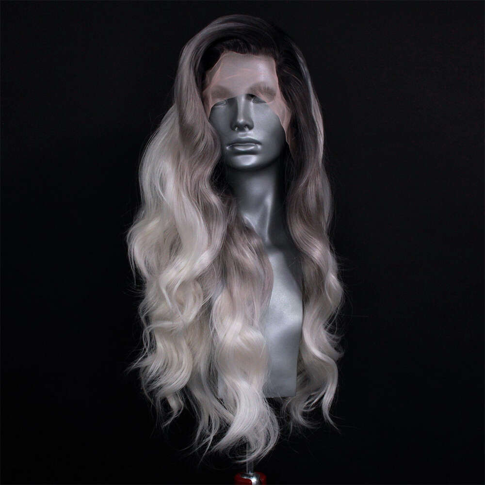Rooted Dark Grey Into Platinum Sier Ombre Human Hair Blended Synthetic Lace Front Heat Resistant Loose Wand Wave Wig