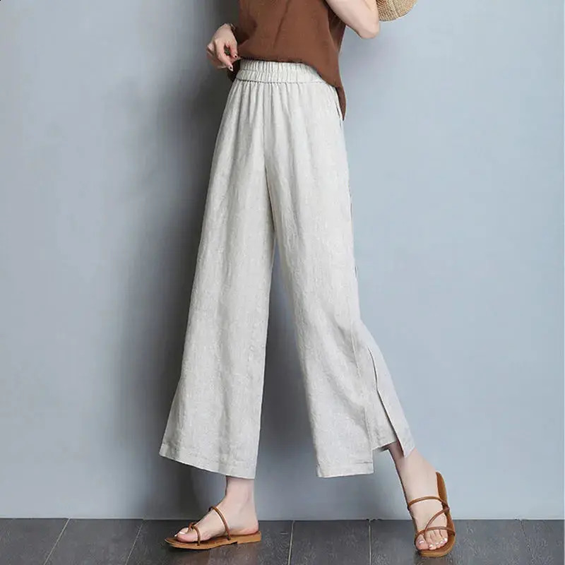 Spring and Summer Office Womens Elastic High Waist Nine Point Pants Cotton Hemp Rope Casual Thin Solid Folded Loose Leg 240913