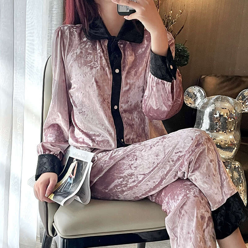 Women Veet Long Sleeve 2Pcs Pamas Set Nightwear Loose Lounge Wear Home Clothes Autumn Winter New Sleepwear Pyjama Pour Femme