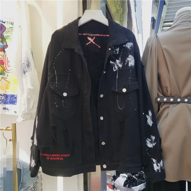 Hand drawn Graffiti Printed Womens Denim Jacket Spring and Autumn Casual Hole Jeans Jacket 240906