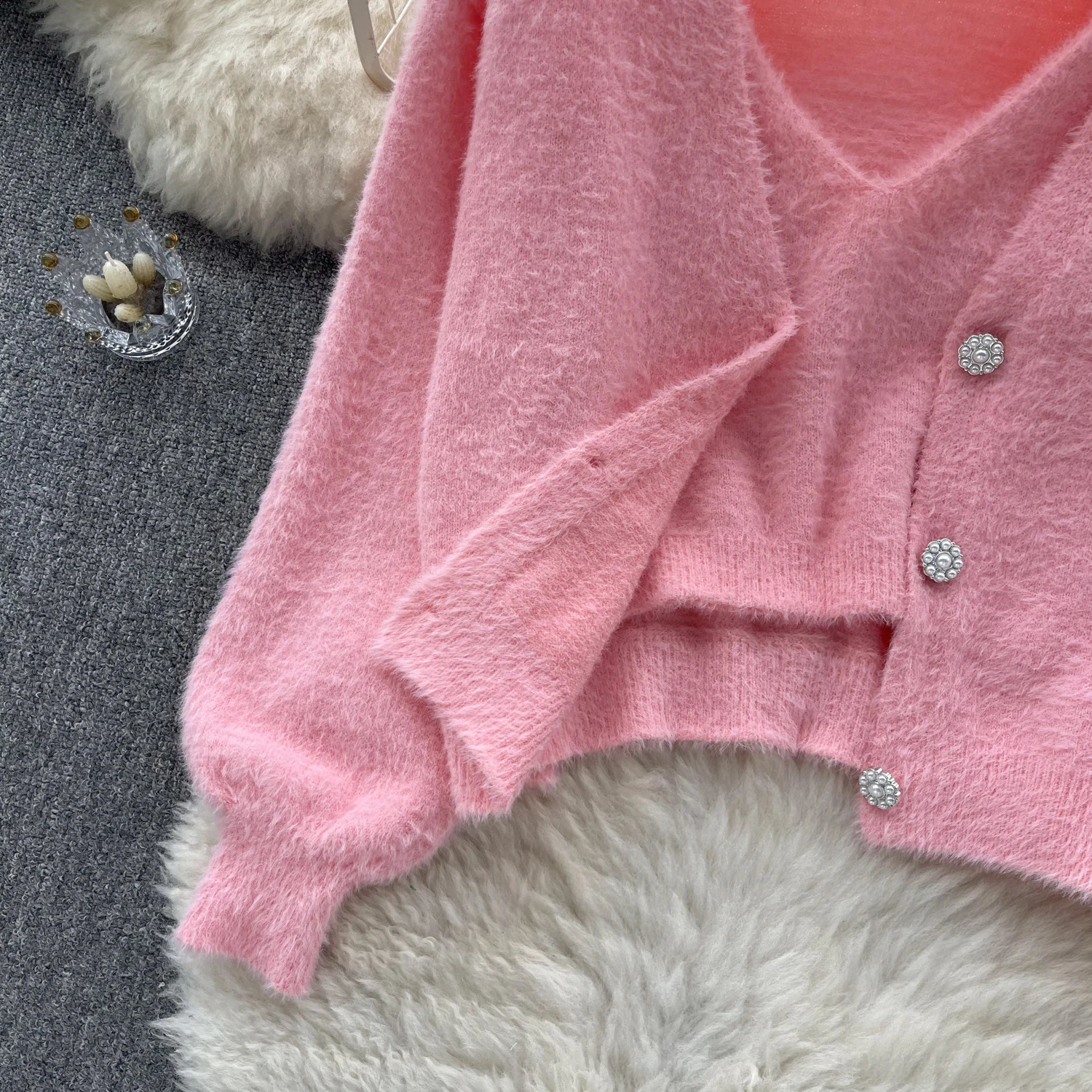 Sexy Chic Two Pieces Sets Off Shoulder Straps Short Camis Vest with High Street Button Plush Coat Autumn Winter Women Clothing 240905