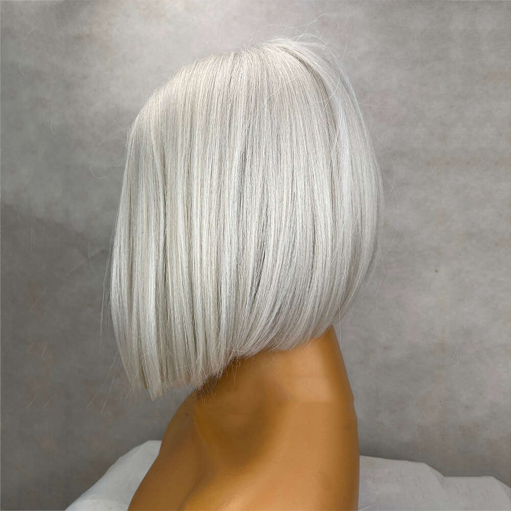 Short White Platinum Blonde Bob Wig 12 Inch Straight Center Parting 150 Density Synthetic Lace Front Human Hair Blends Gift Wigs