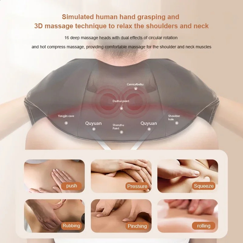 16 head black knee acupressure neck electric massager deep tissue shoulder massager home and car massager 240914
