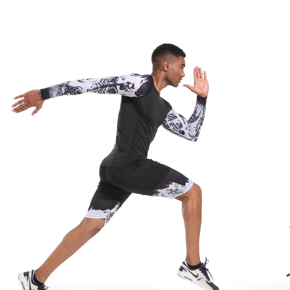 Mens Compression Shirt 3D Printed Long Sleeves Quick Drying Breathable Rash Guard Sports Jogging Gym Athletic Fitness Clothing 240905